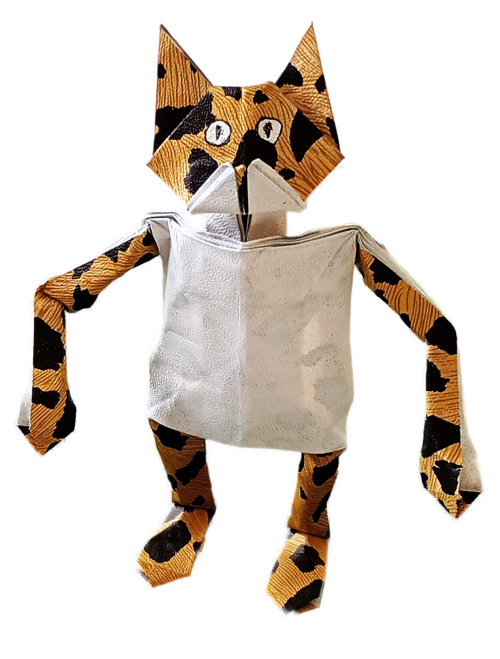 Clickable photo of an origami Kat standing on its hind legs
