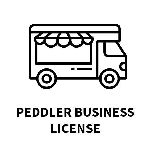 A black and white icon of a food truck with a peddler business license.