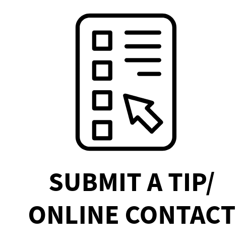 A black and white icon with the words `` submit a tip / online contact ''.