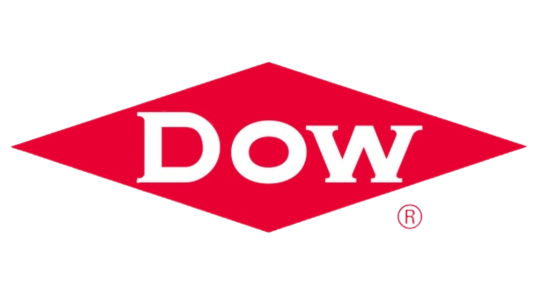 A red and white logo for dow on a white background