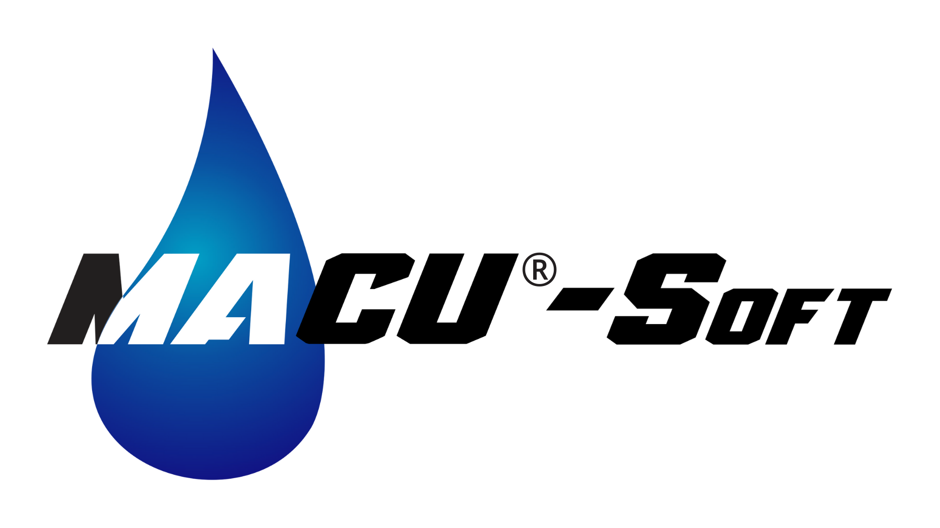 The logo for macu soft is a blue drop of water