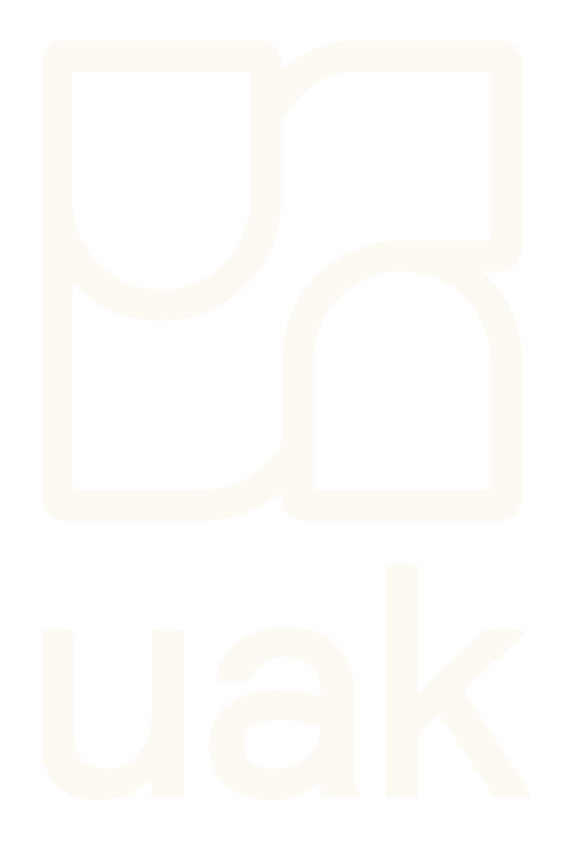 Ljósbrúnt UAK merki með abstraktum, ávölum formum á hvítum bakgrunni