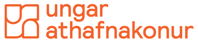 Appelsínugult „ungar athafnakonur“ merki með stílfærðu fjögurra ferninga tákni.