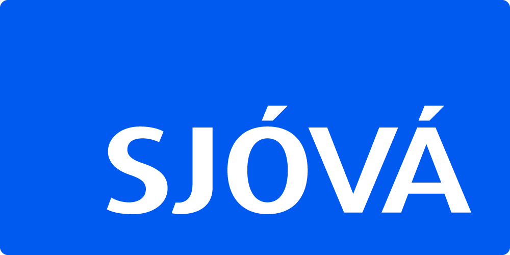 Hvítur „SJÓVÁ“ texti á skærbláum bakgrunni.