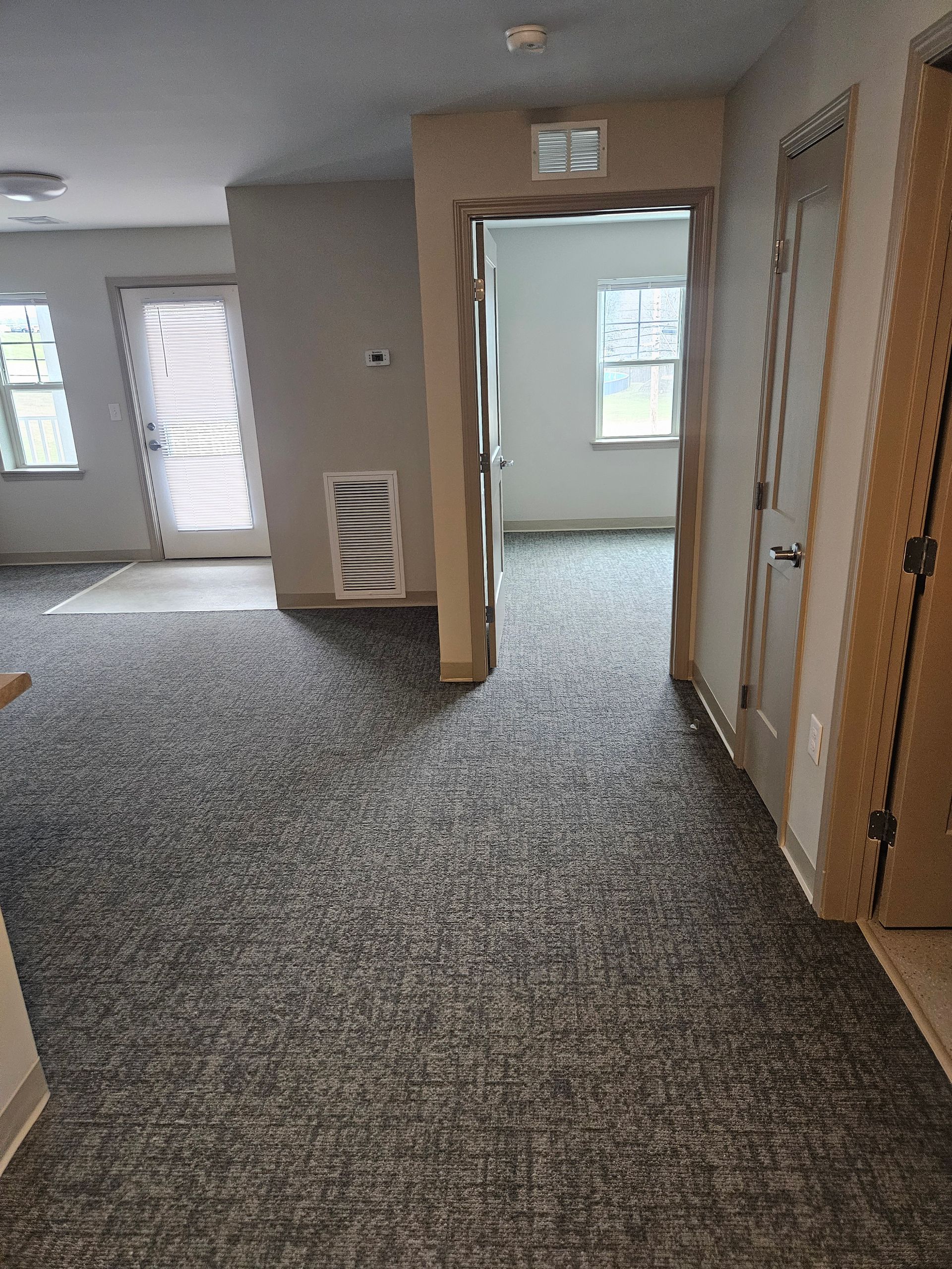 A vacuum cleaner nozzle pulling a clean path through a dirty, gray carpet.