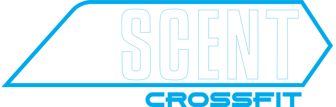 SCENT CrossFit logo in blue and white with outlined lettering inside a hexagon shape