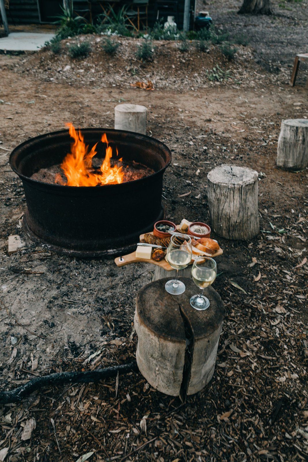 Backyard fire pit burning split firewood next to tree stumps used as seats