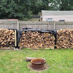 Rows of firewood stacked along a backyard fence with covered tops