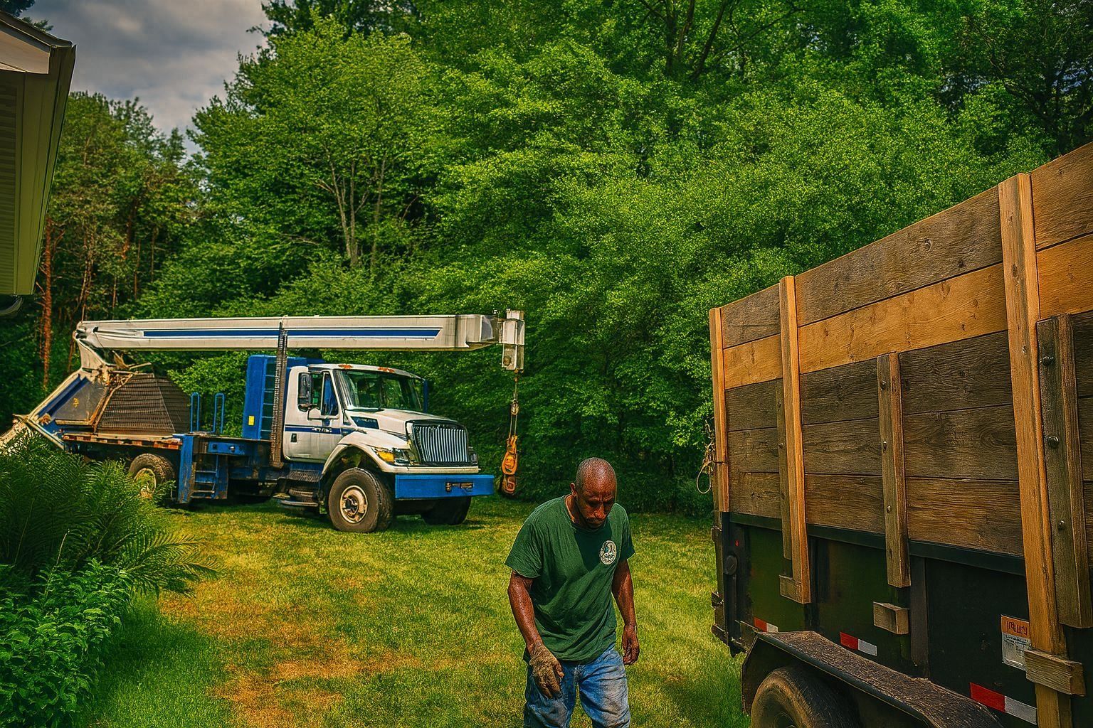 Mike Jones & Sons Tree Service crew member with a work truck and trailer on a job site