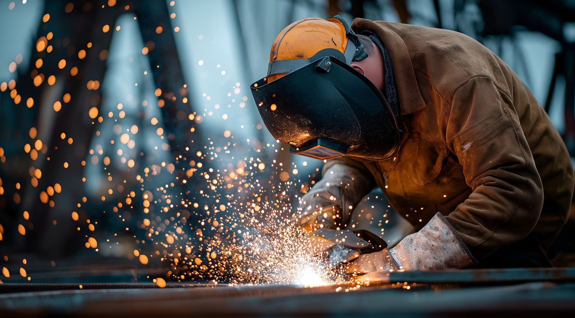 A skilled worker welding metal, creating sparks in a workshop environment, showcasing industrial cra