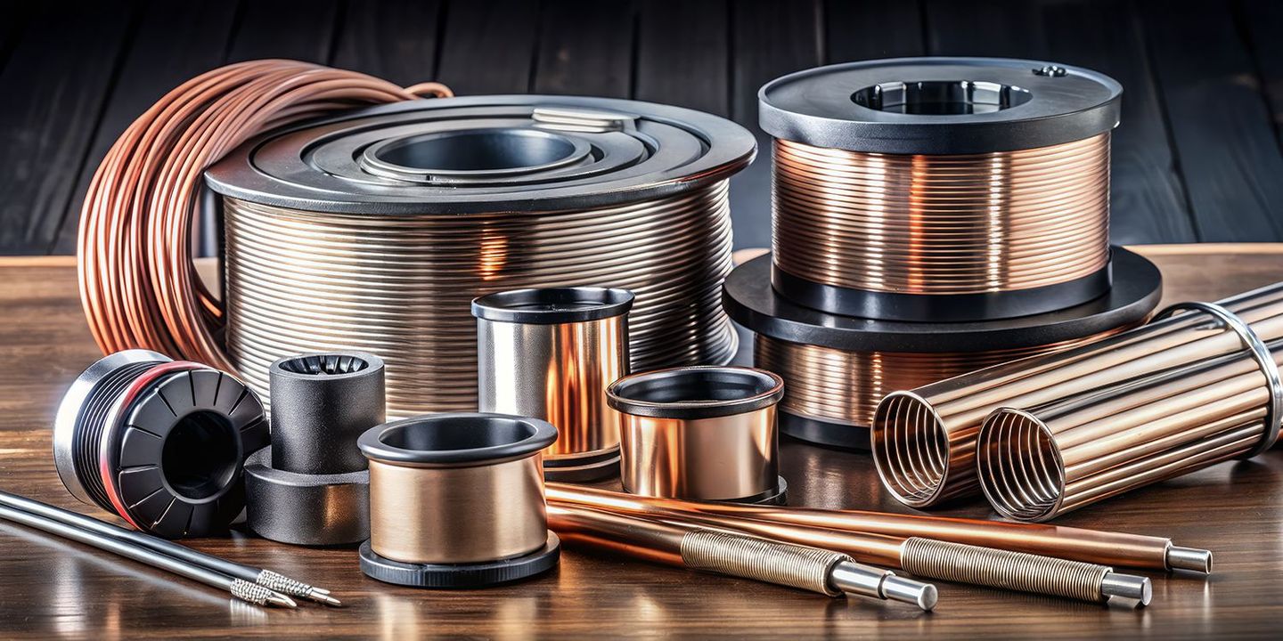 Welding consumables on a table: E71T-1MHA electrode wire, AWS A5.18 filler wire, and shielding gases.