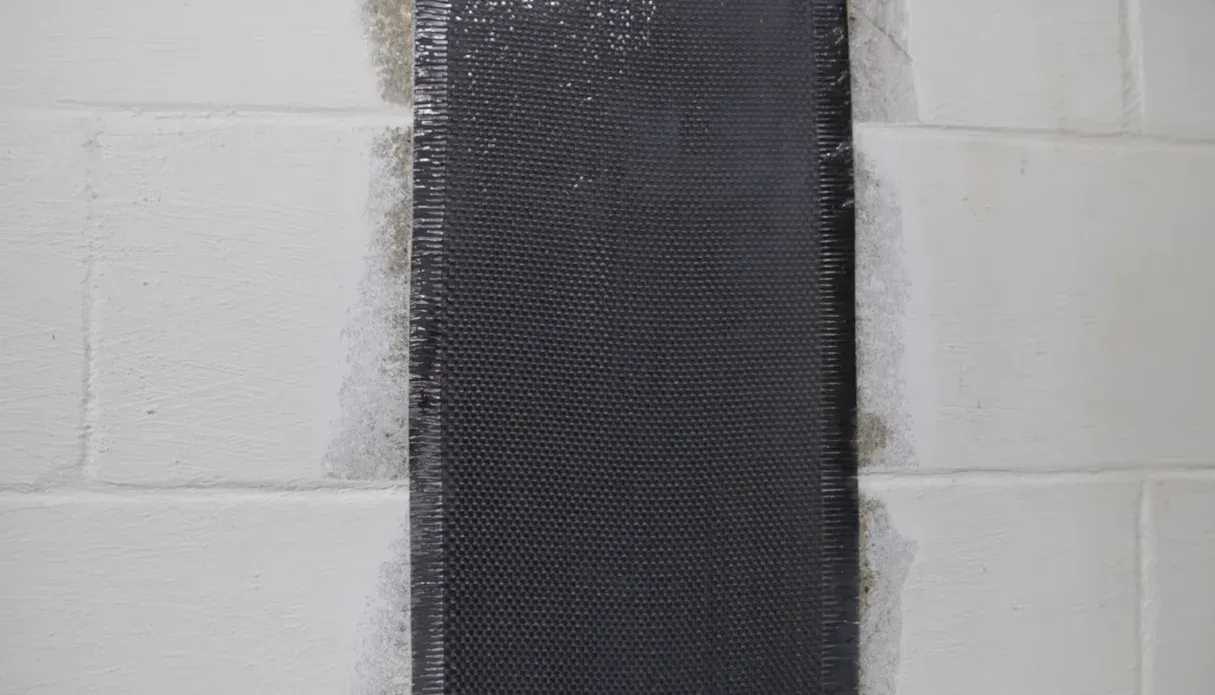 Carbon fiber strips for basement walls installed vertically on a bowing concrete block foundation