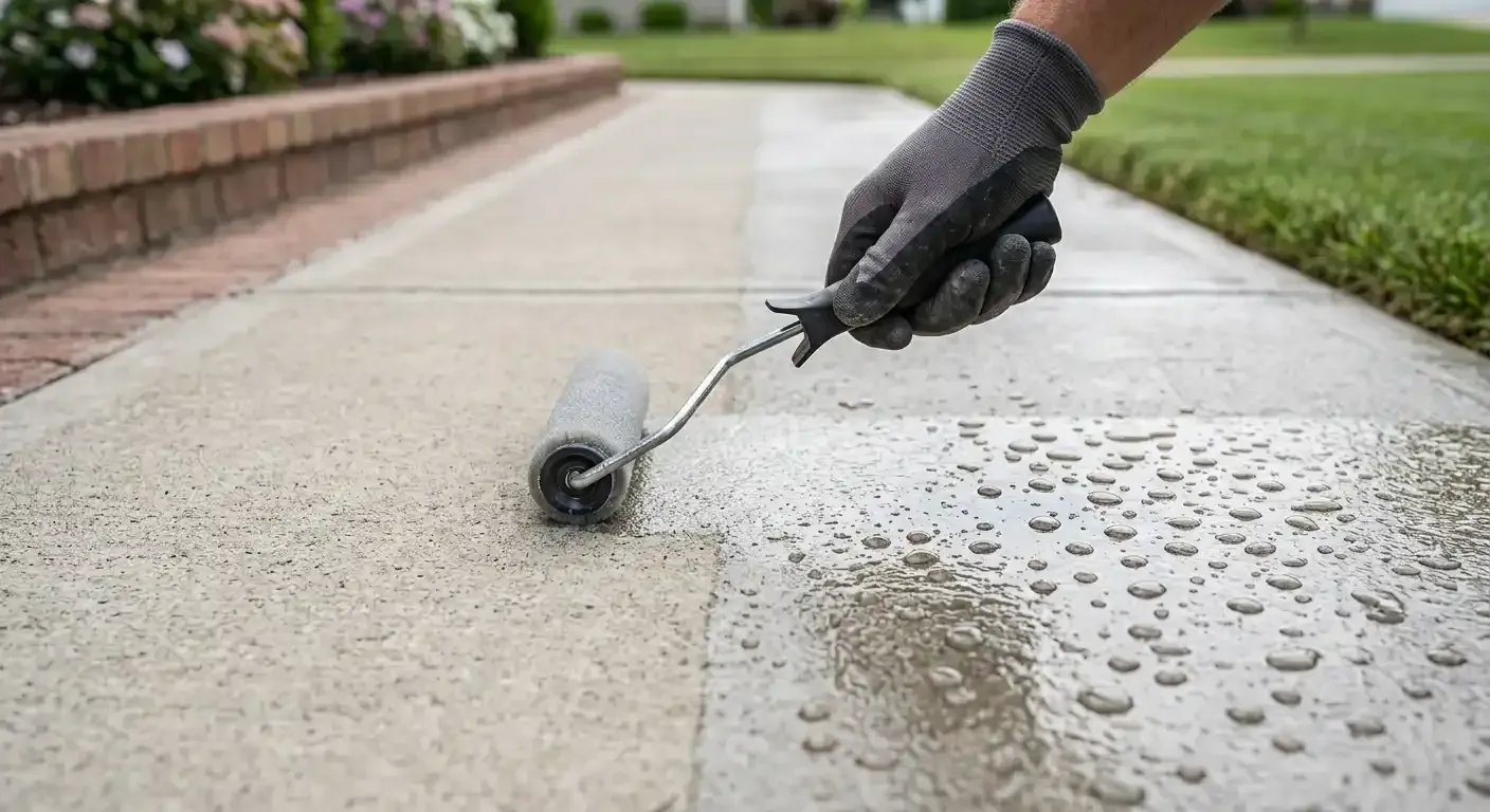 Contractor applying penetrating sealer to a driveway to prevent concrete spalling from water damage