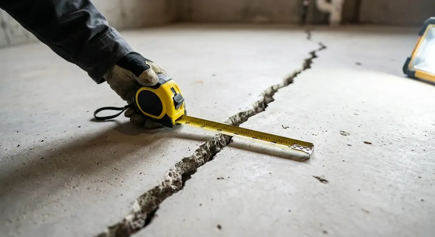 Contractor measuring a wide slab crack during a foundation crack repair inspection in a Houston home