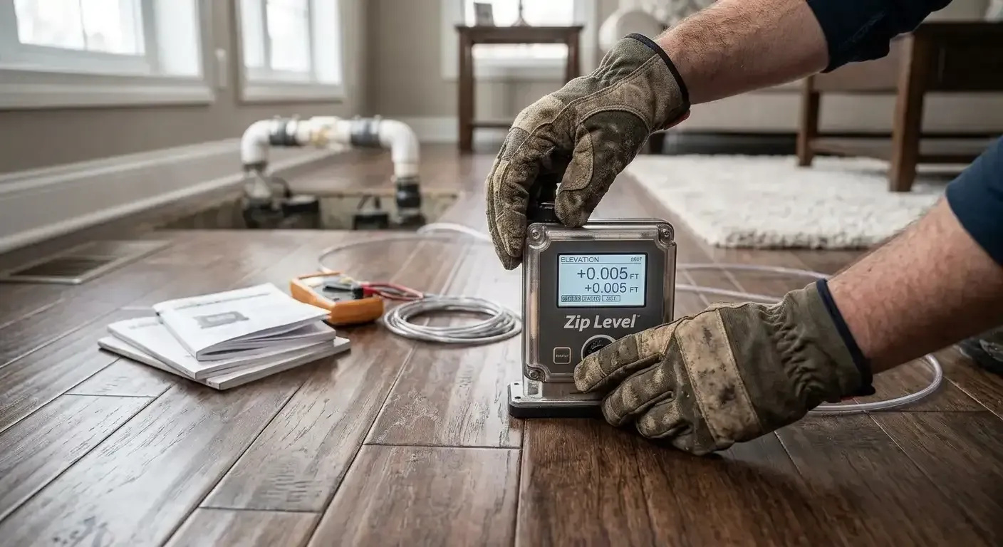 Contractor taking floor elevation readings with a zip level to detect foundation settlement inside a home