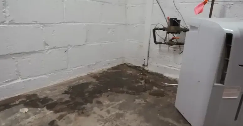 Damp basement corner with water staining showing why a sump pit in basement is needed to control moisture and prevent foundation damage