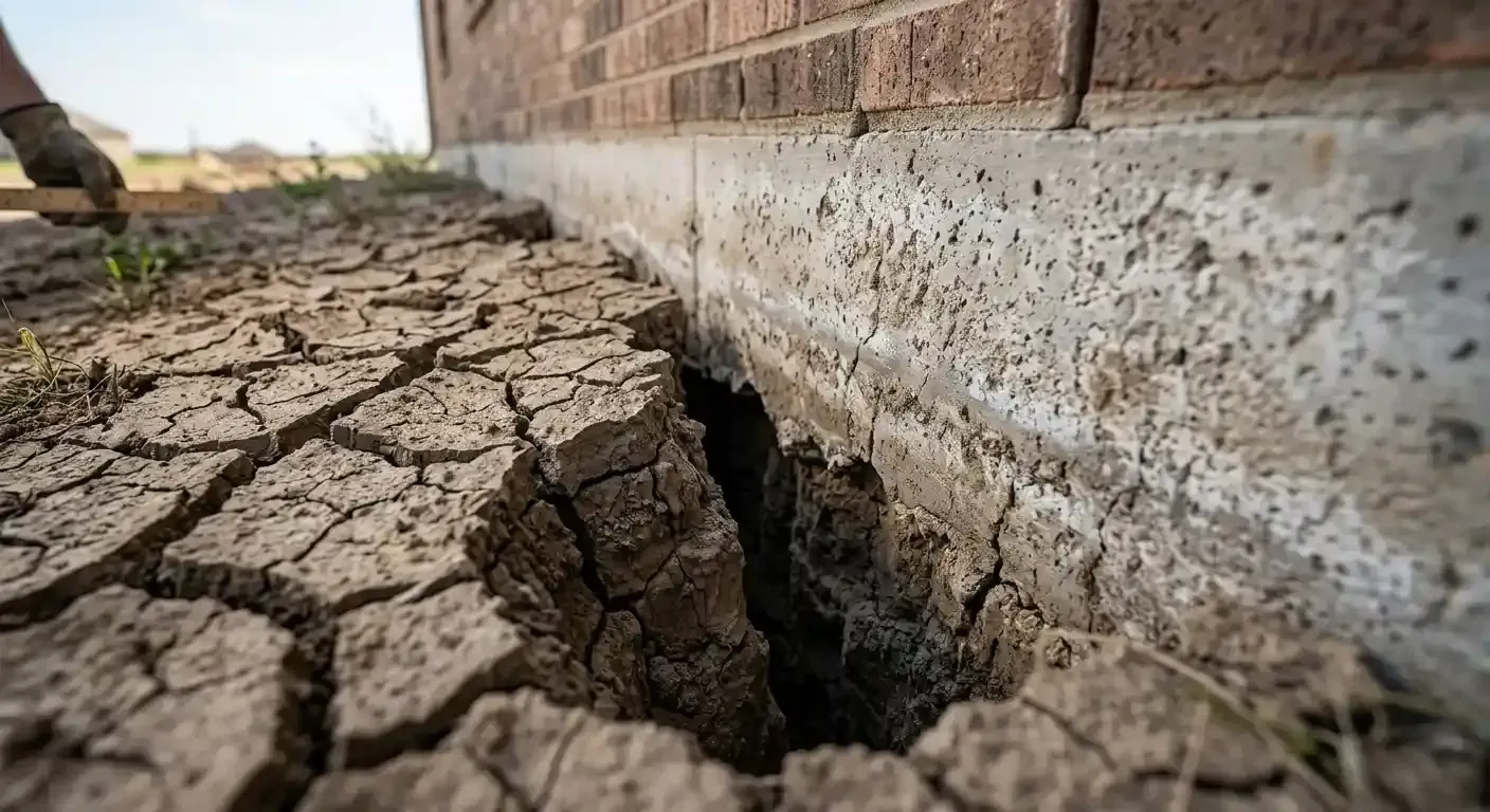 Dry cracked clay soil pulling away from a concrete slab showing why a soaker hose foundation watering routine matters in Houston