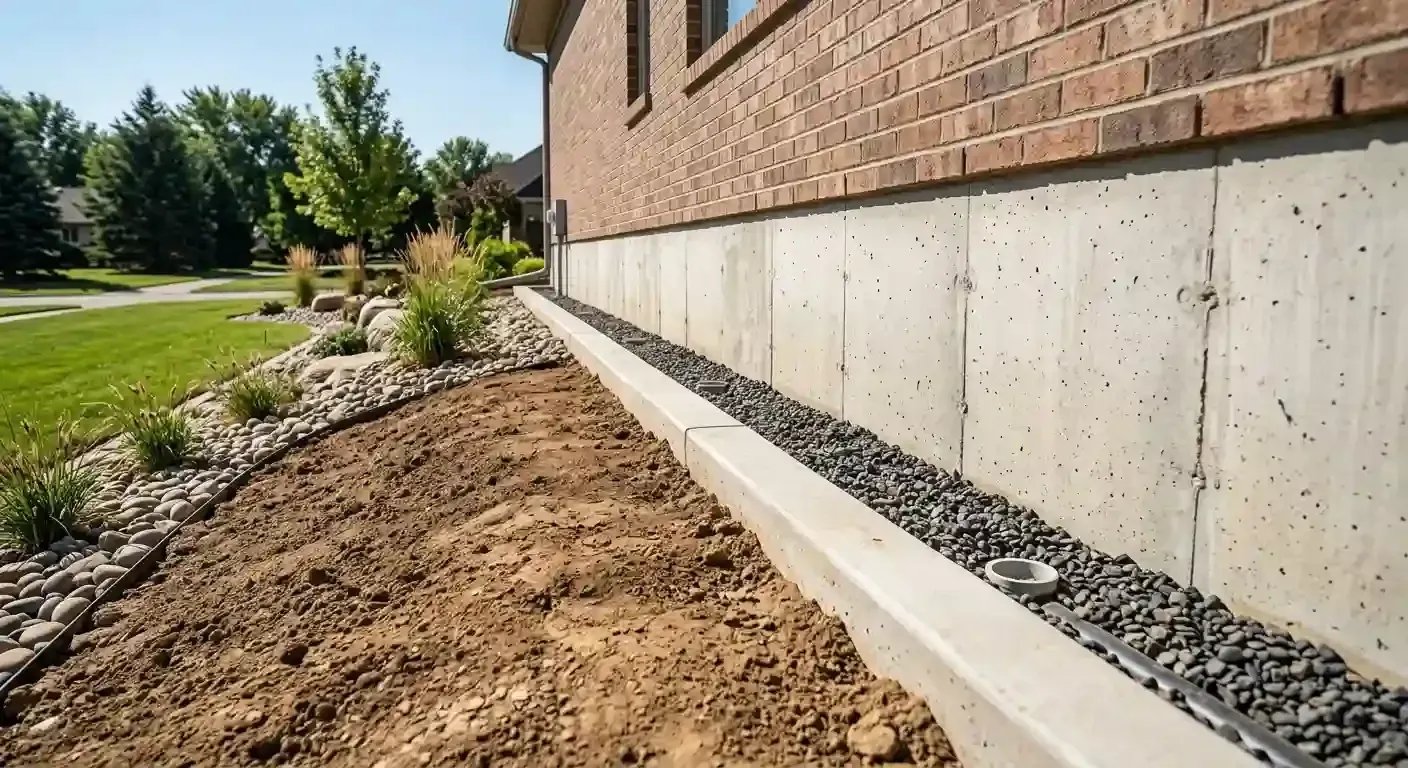 Exterior foundation crack repair with gravel drainage along a concrete foundation wall to keep water away from a Houston home