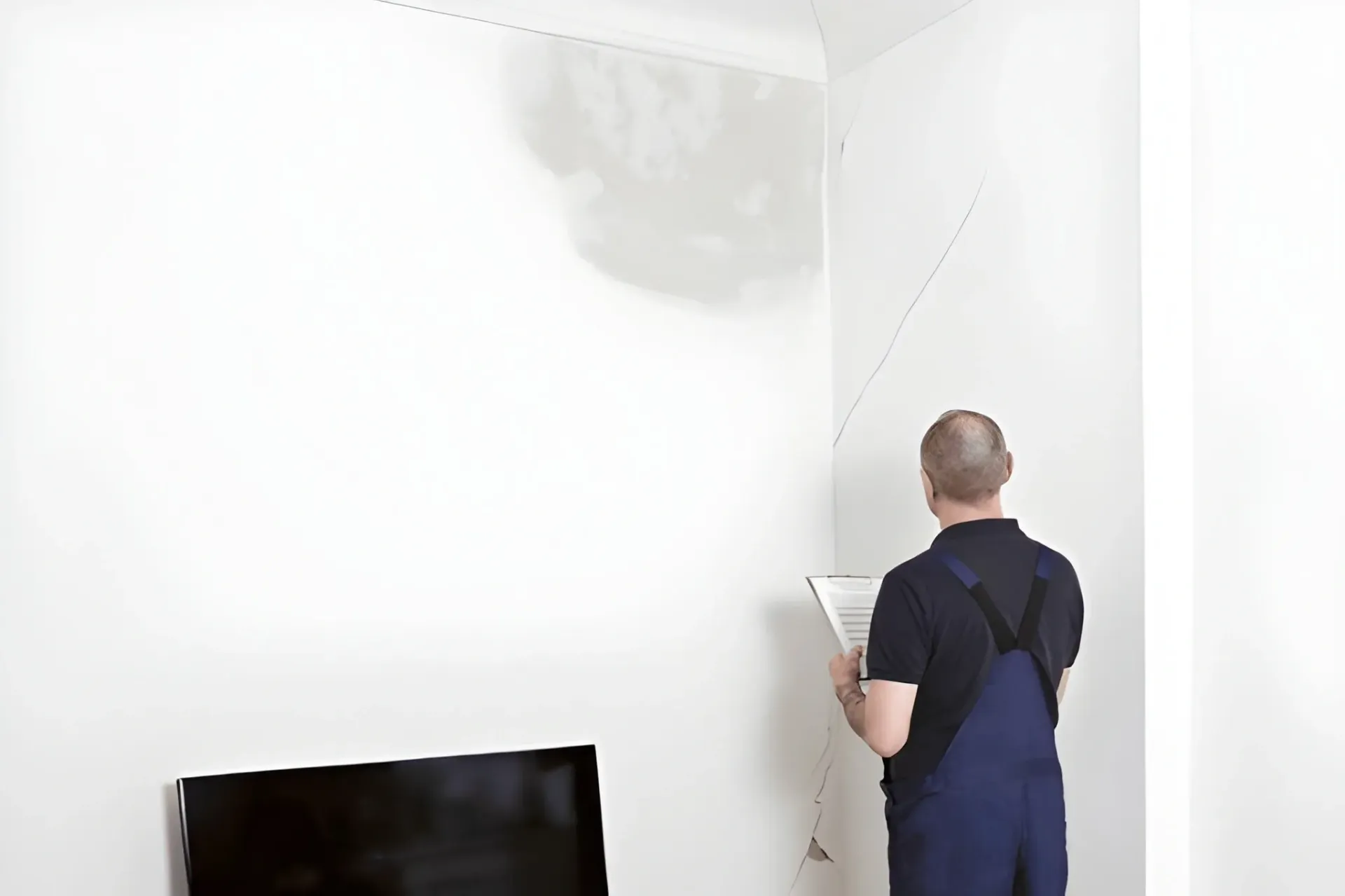 Foundation inspector examining interior wall cracks and water damage, assessing structural issues for foundation repair.