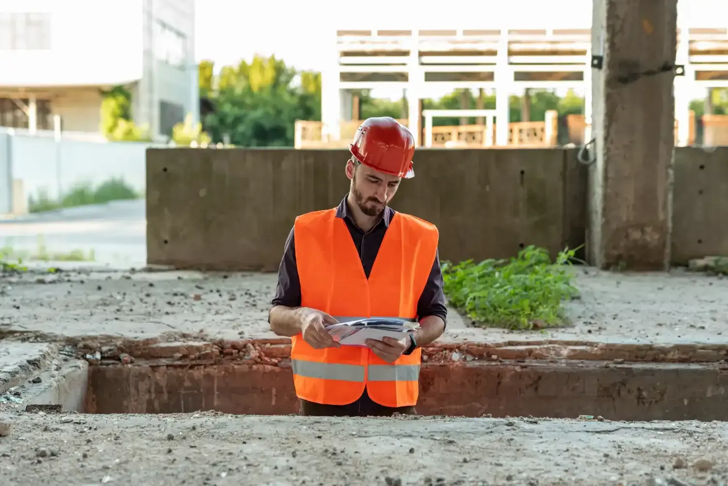 Foundation inspector reviewing plans at an excavated below grade footing trench, showing what does below grade mean for a home foundation
