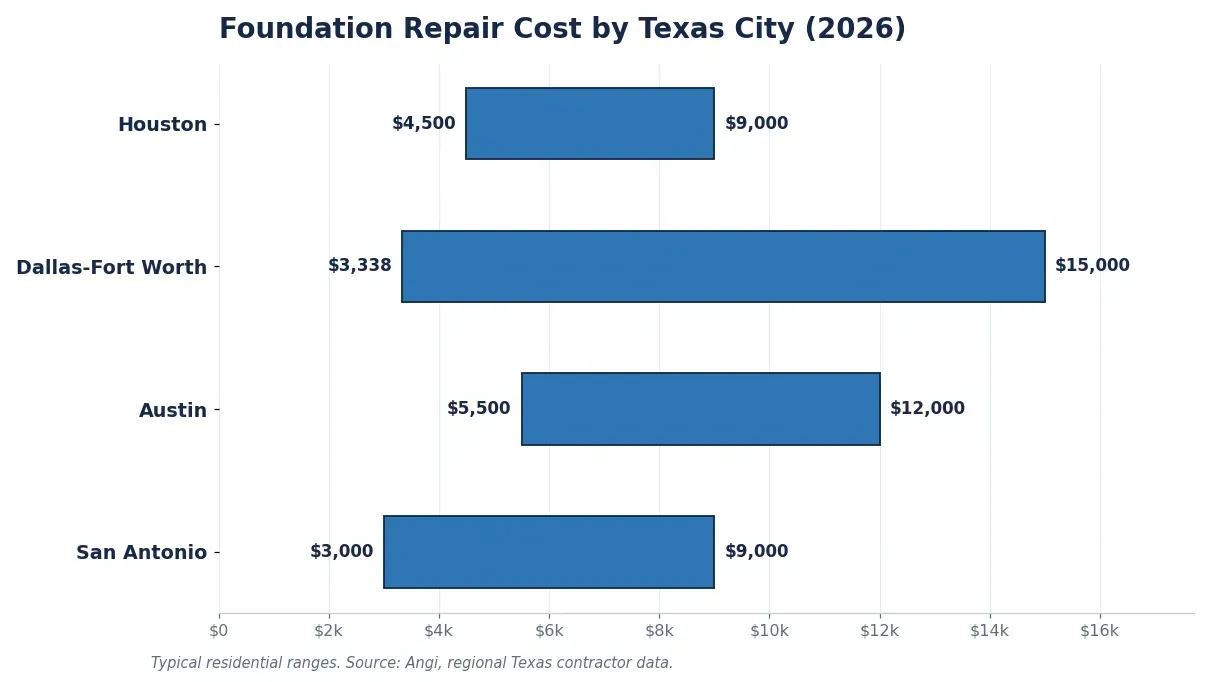 Residential vs Commercial Foundation Repair Foundation repair cost Texas by city chart comparing Houston, Dallas Fort Worth, Austin, and San Antonio price ranges for 2026