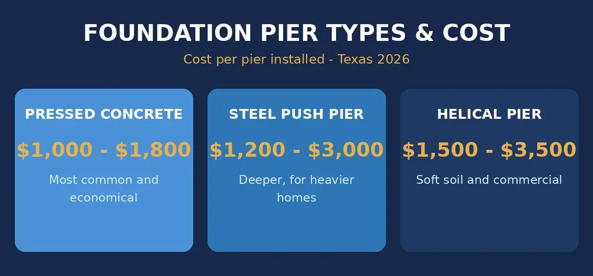 Foundation repair cost Texas by pier type comparing pressed concrete, steel push pier, and helical pier prices for 2026