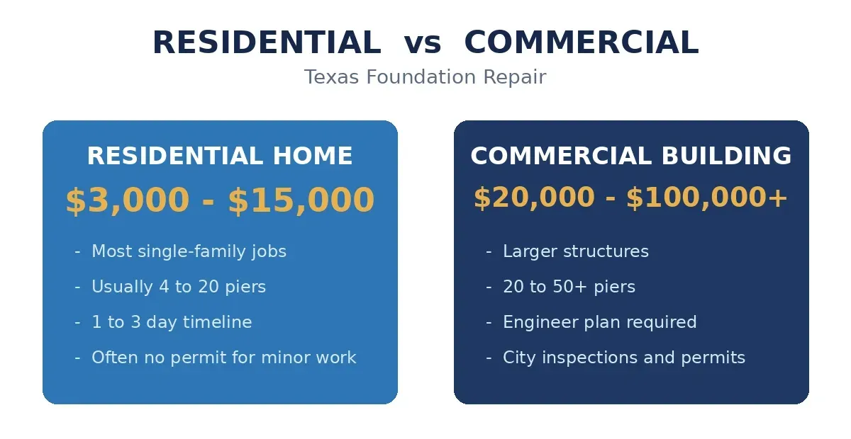 Foundation repair cost Texas comparison of residential home and commercial building price ranges for 2026