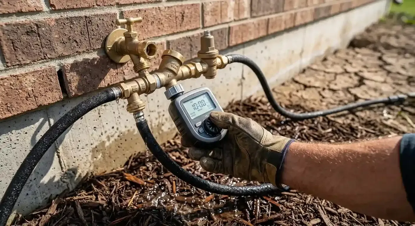 Homeowner setting a hose timer on a soaker hose foundation watering system connected to an outdoor spigot on a brick home