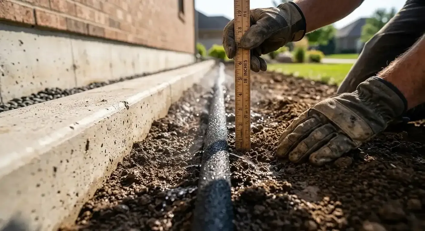 Measuring the distance of a soaker hose foundation line placed in the soil beside a concrete slab edge