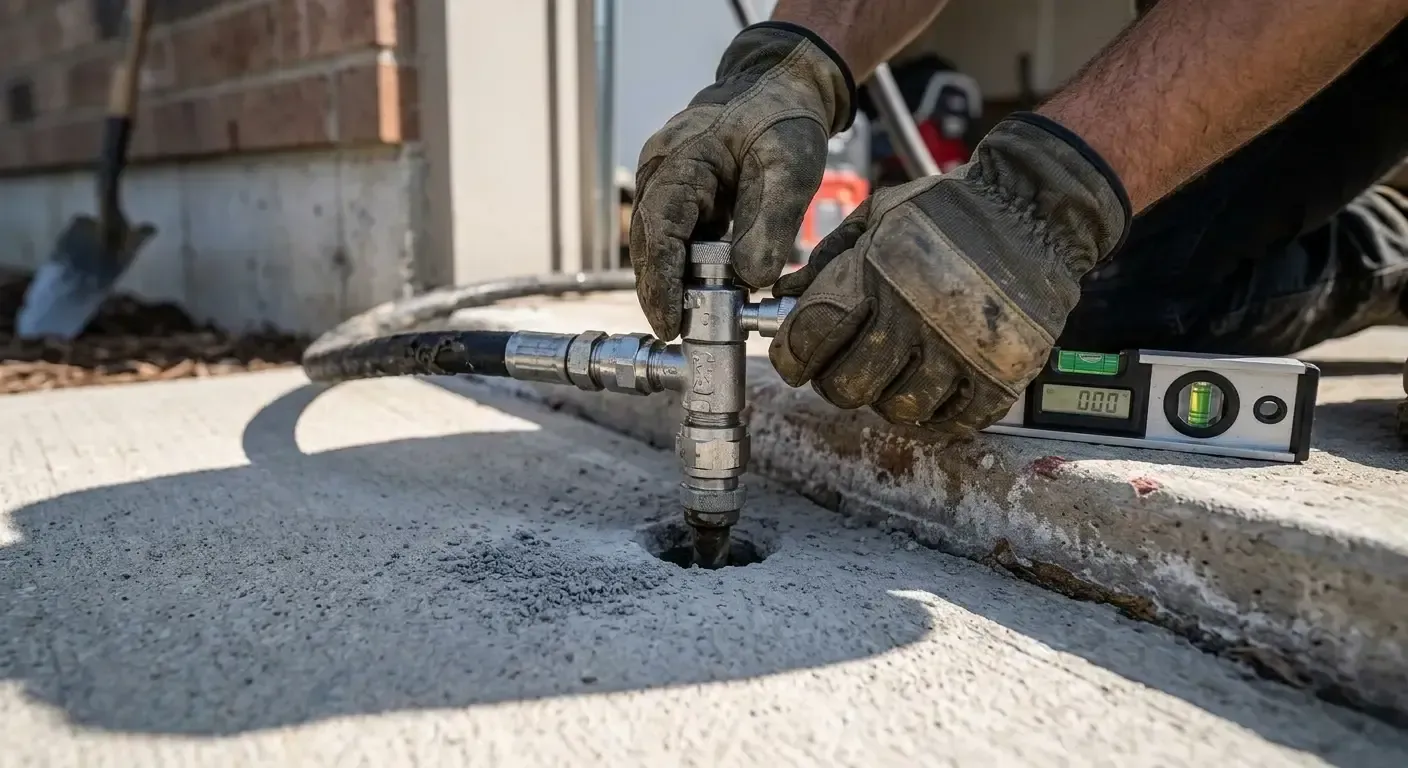Mudjacking technician injecting slurry through a port to lift a sunken concrete driveway