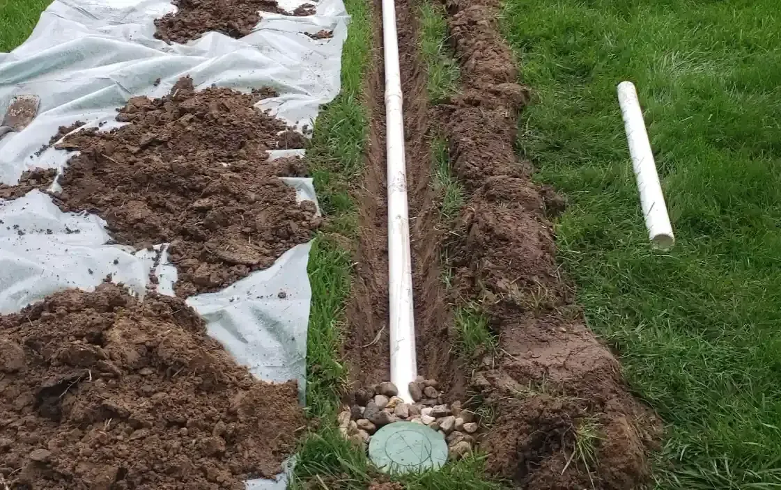 Perforated drain pipe laid in a gravel bed trench for a yard drainage system