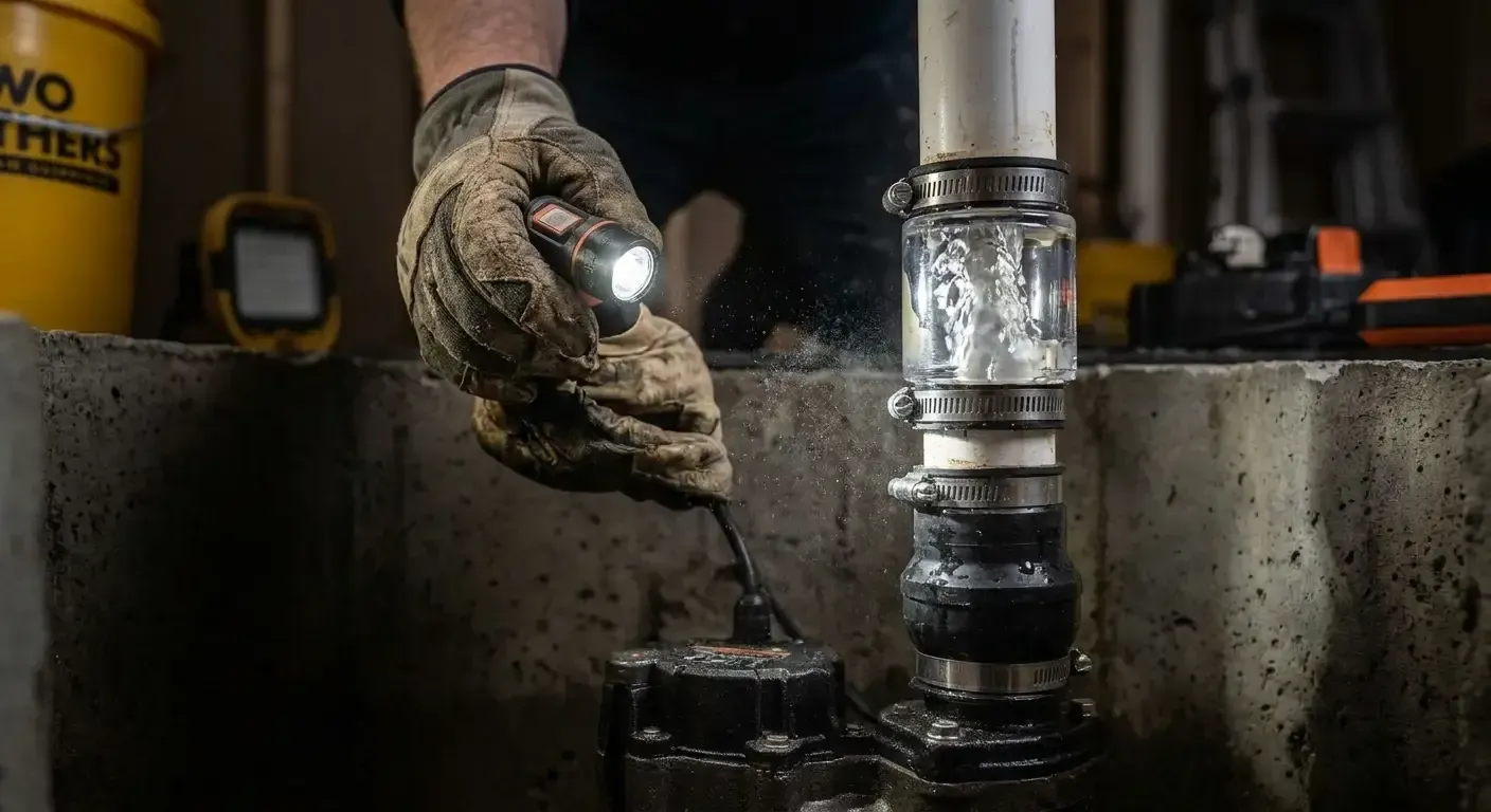 Plumber inspecting discharge pipe water flow to fix sump pump problems in a concrete basin