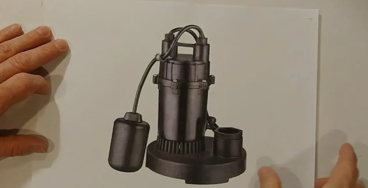 Submersible sump pump with a tethered float switch ready for placement in the basin
