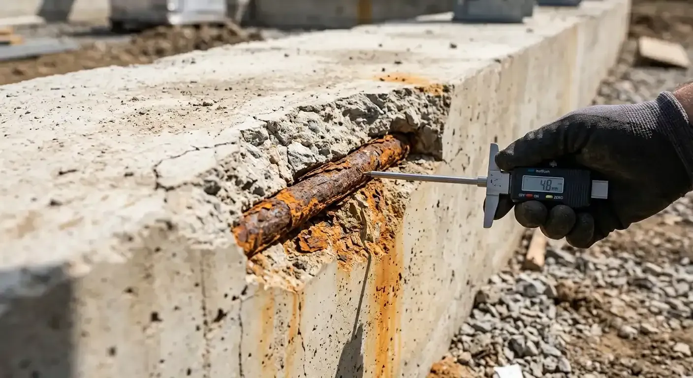 Technician measuring rusted rebar with a caliper to assess concrete spalling caused by corrosion