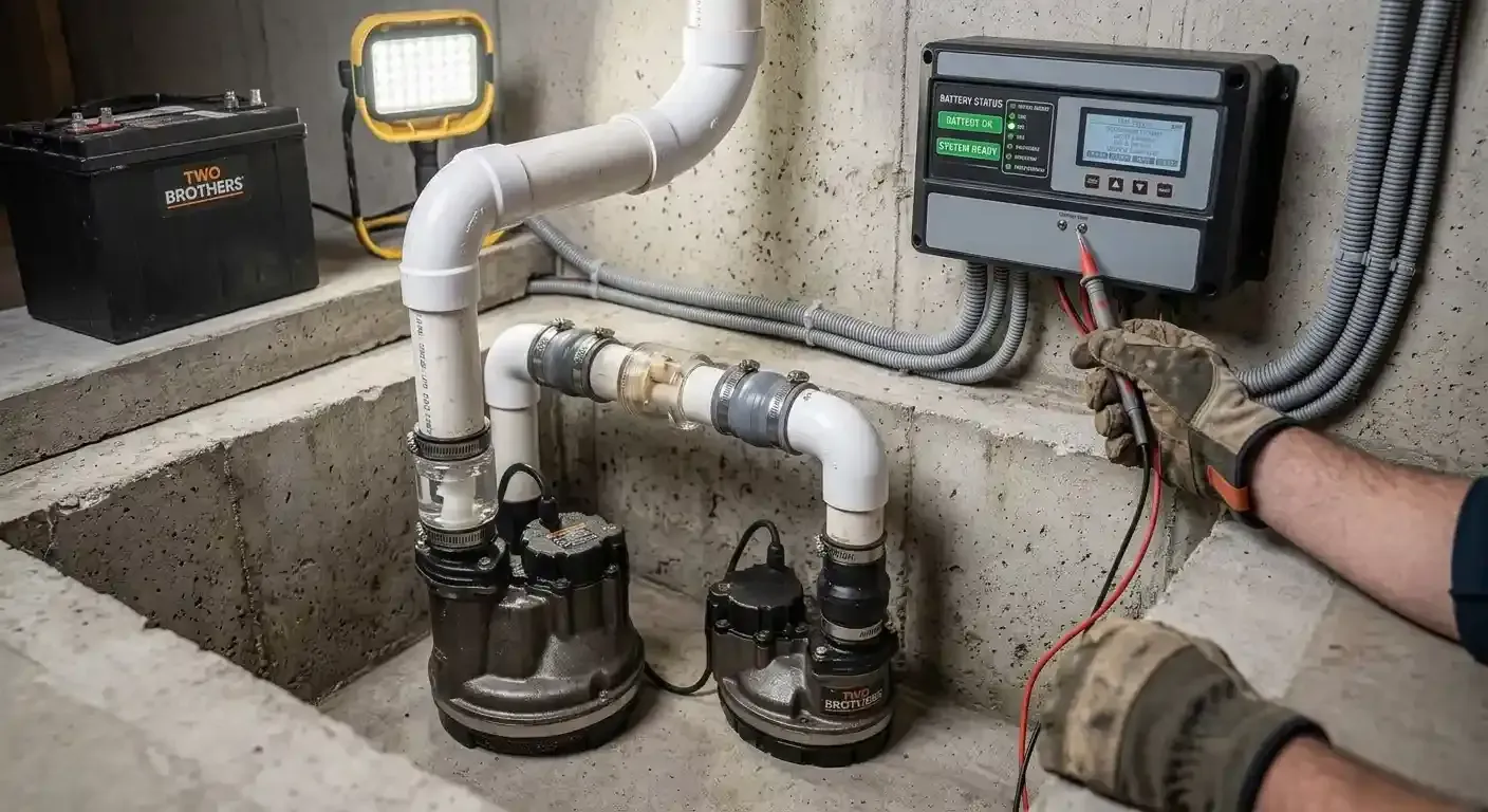 Technician testing a battery backup control panel to fix sump pump failures in a basement pit