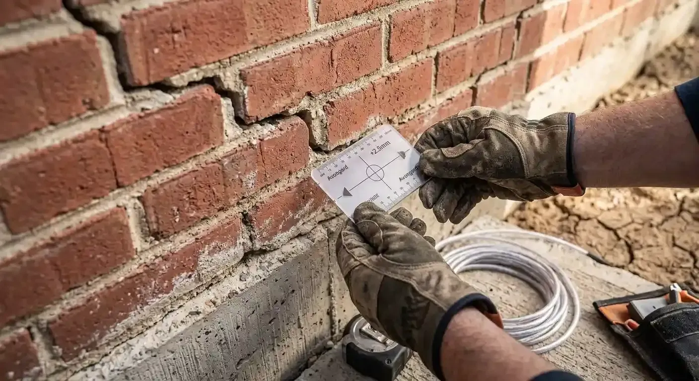 Technician using a crack gauge to measure foundation settlement in a brick exterior wall