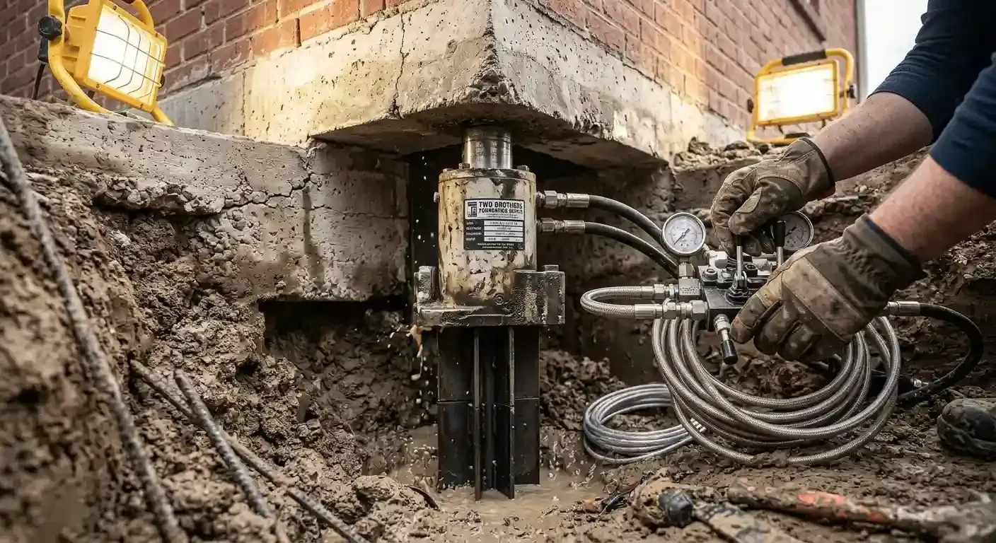 Two Brothers crew installing a hydraulic pier to correct foundation settlement under a brick home