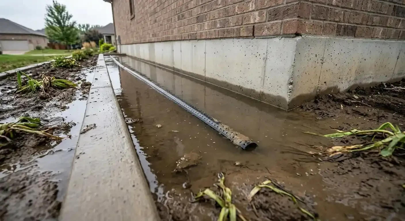What is a french drain failing to work as standing water pools along a brick home foundation with an exposed perforated pipe