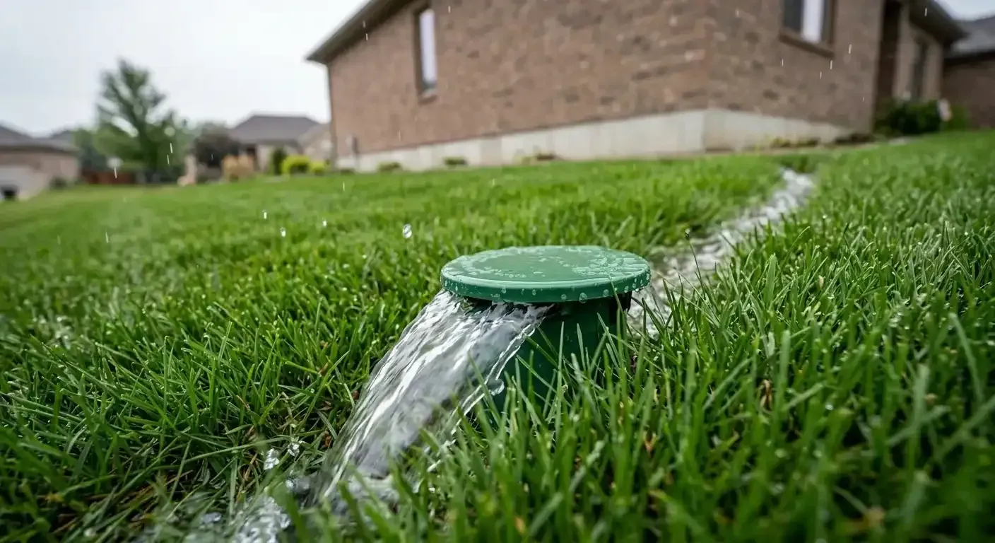 What is a french drain pop up emitter releasing rainwater into the lawn away from a Houston home foundation