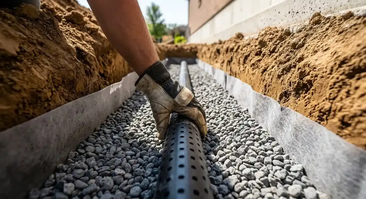 What is a french drain shown with a perforated pipe laid on gravel in a fabric lined trench next to a foundation wall