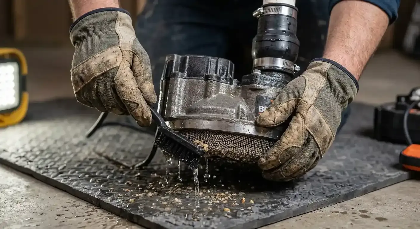 Worker cleaning debris from an intake screen to fix sump pump clogs during maintenance