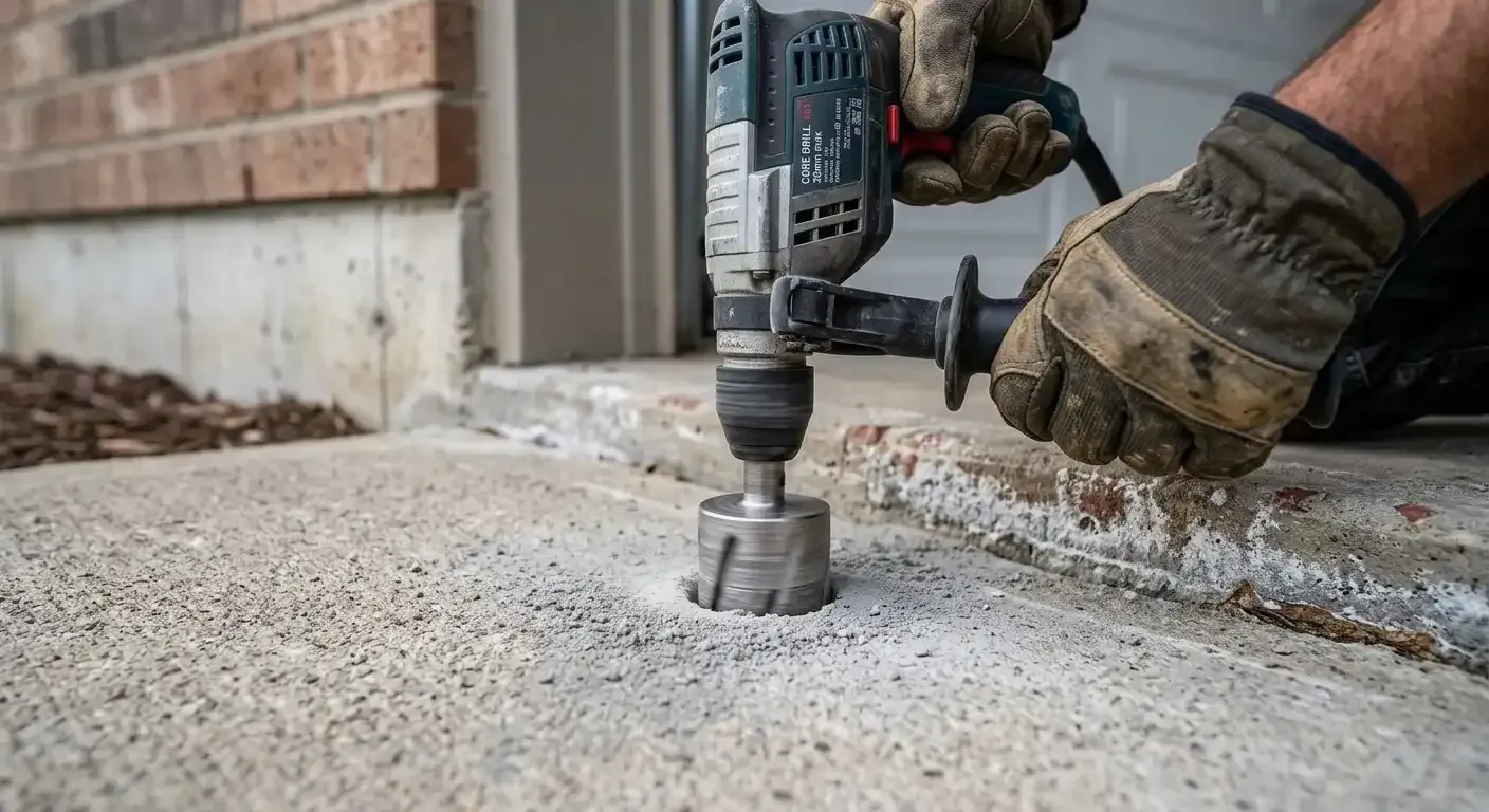 Worker drilling holes in a concrete slab to prepare for mudjacking repair