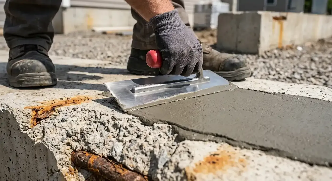 Worker troweling repair mortar over a damaged edge to fix concrete spalling on a foundation wall