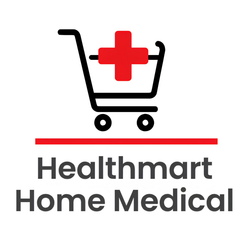 Healthmart Home Medical logo with red cross and shopping cart icon