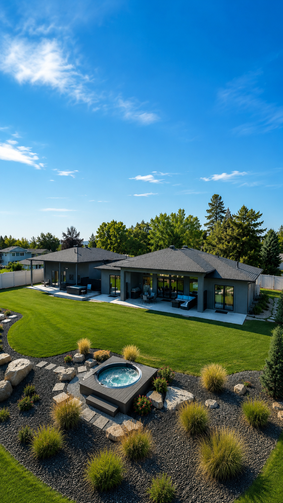 Single-story beige house with patio, large windows, and green lawn on a sunny day
