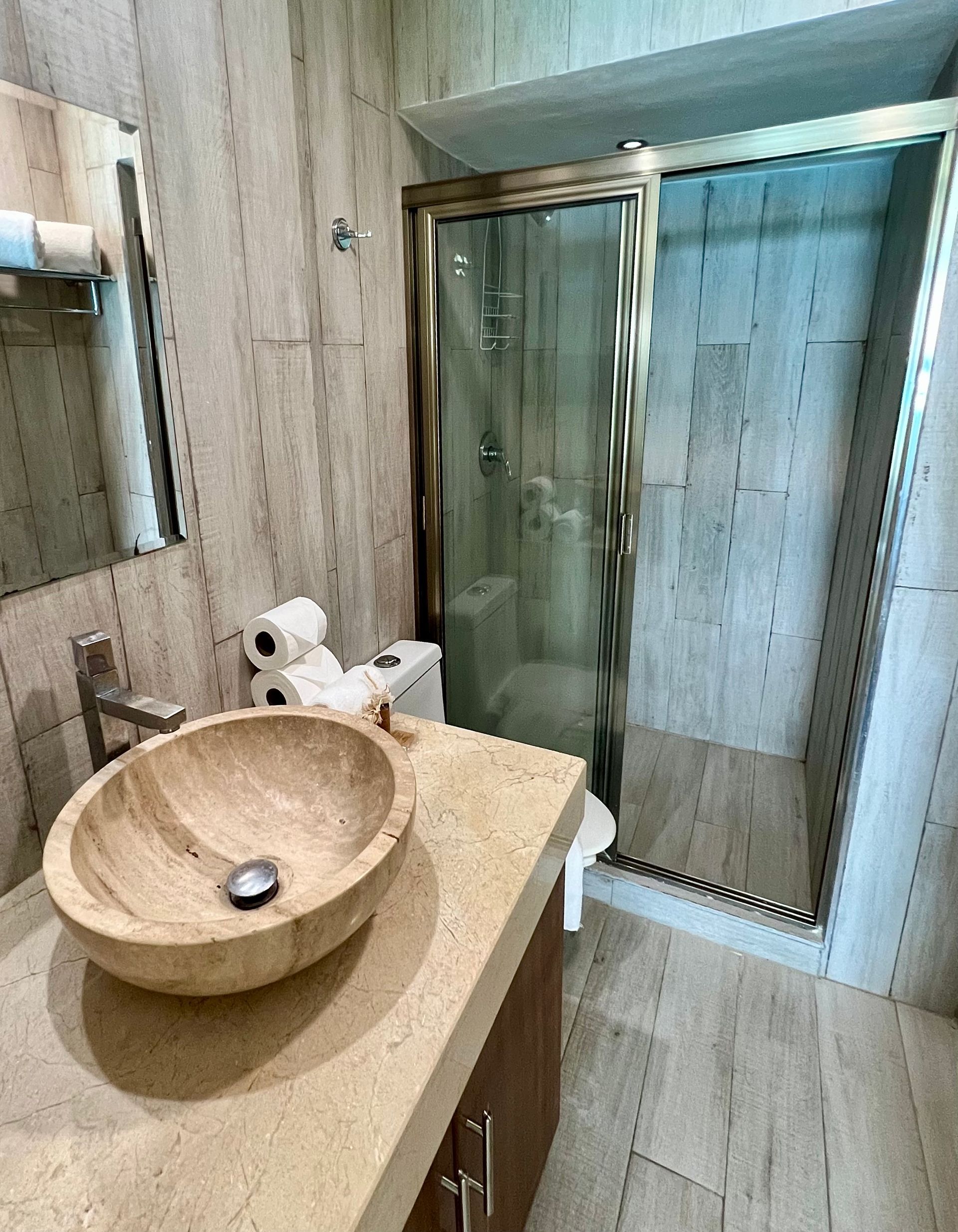 Baño con paredes imitación madera, lavabo de piedra, inodoro y ducha de cristal.