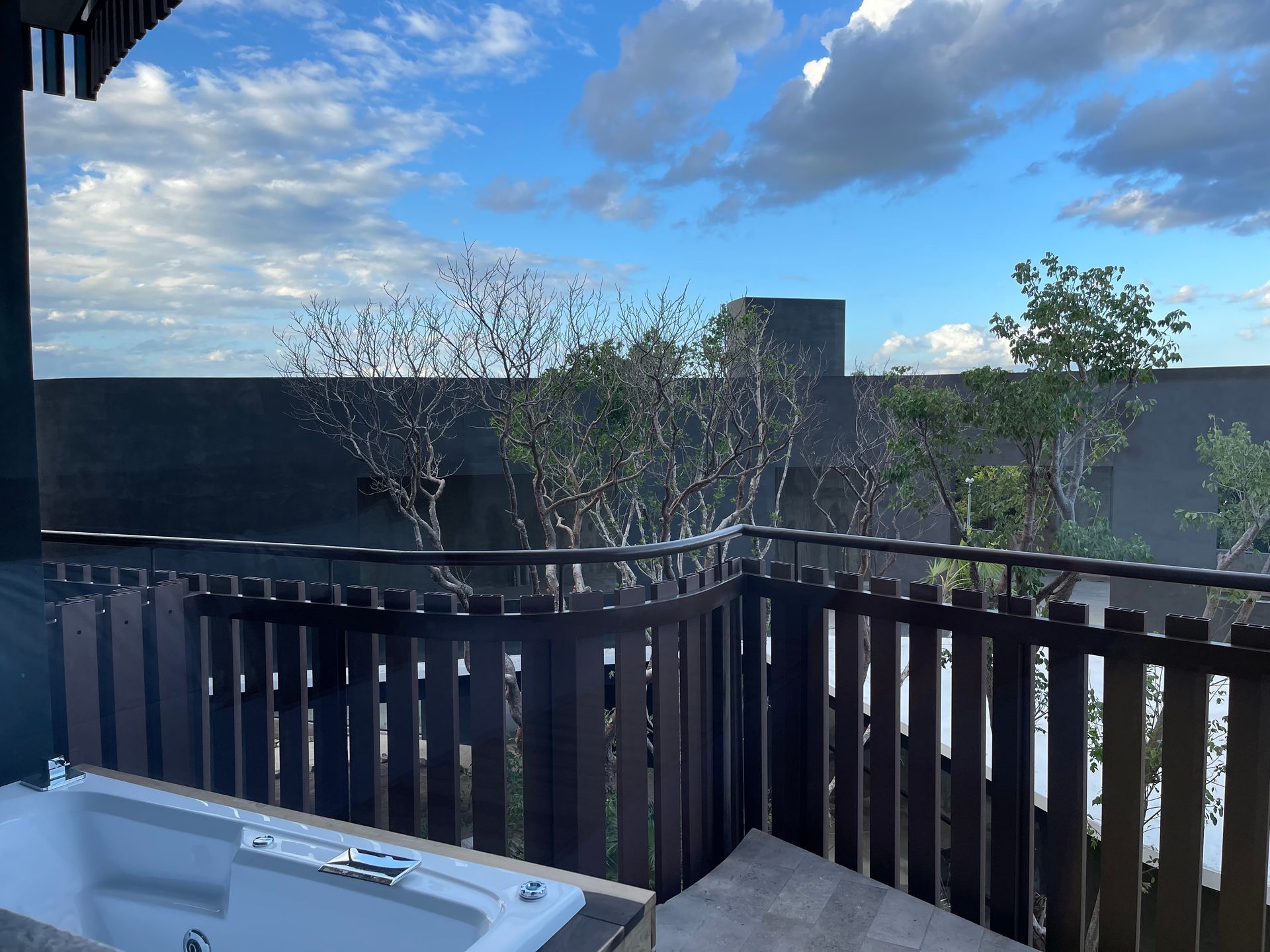 Balcón con jacuzzi, barandilla marrón oscuro y cielo nublado. Árboles visibles.