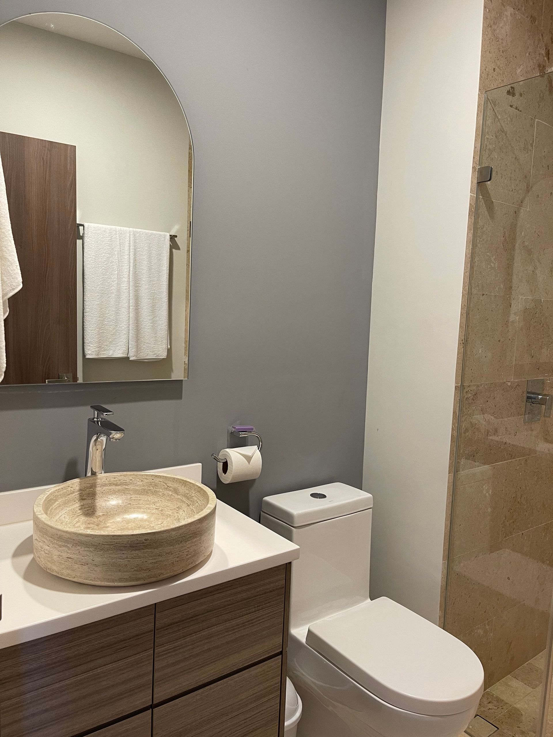 Baño con lavabo de piedra, inodoro blanco y pared gris.