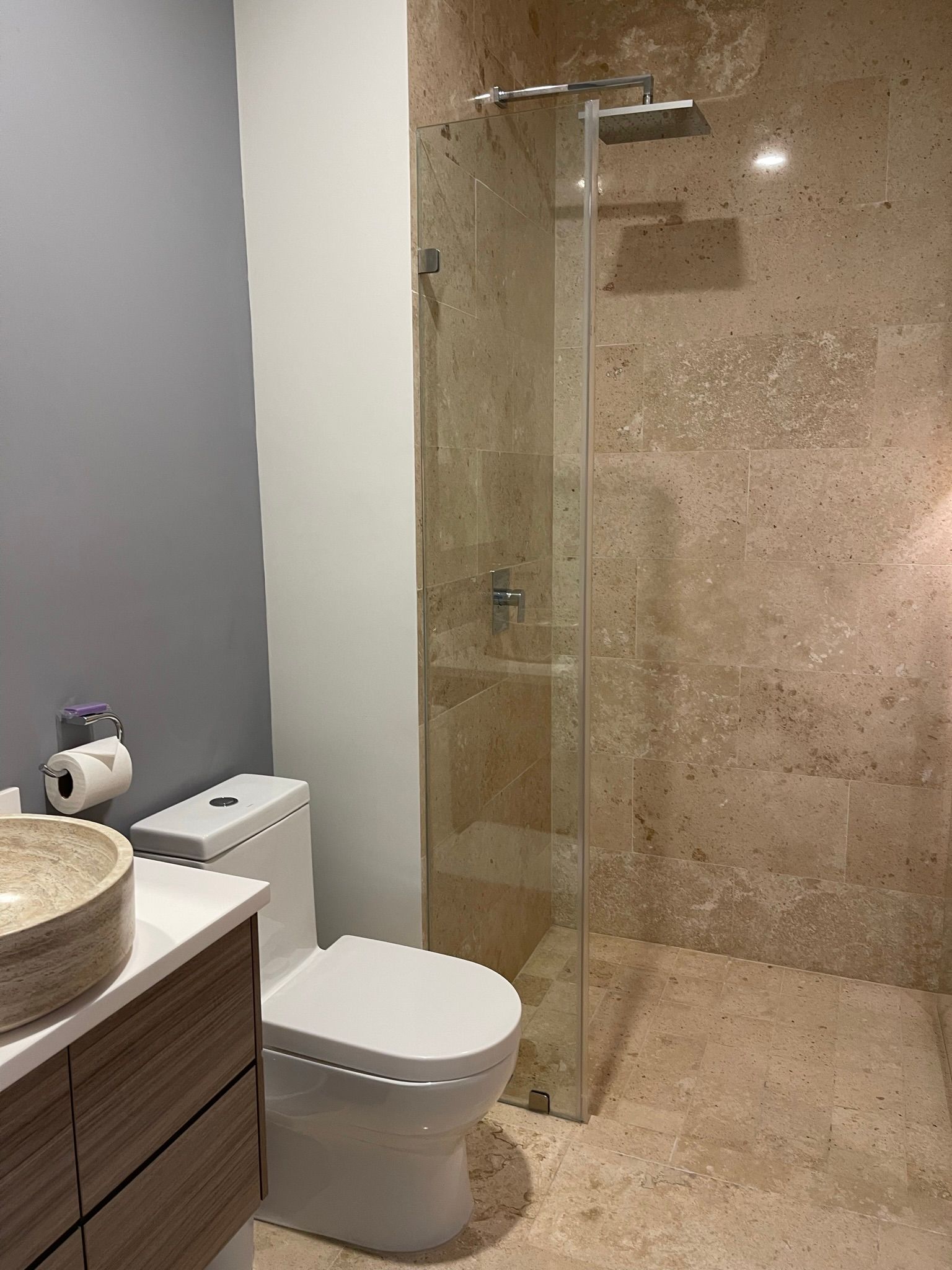 Baño con WC, ducha con puerta de cristal y paredes de piedra.