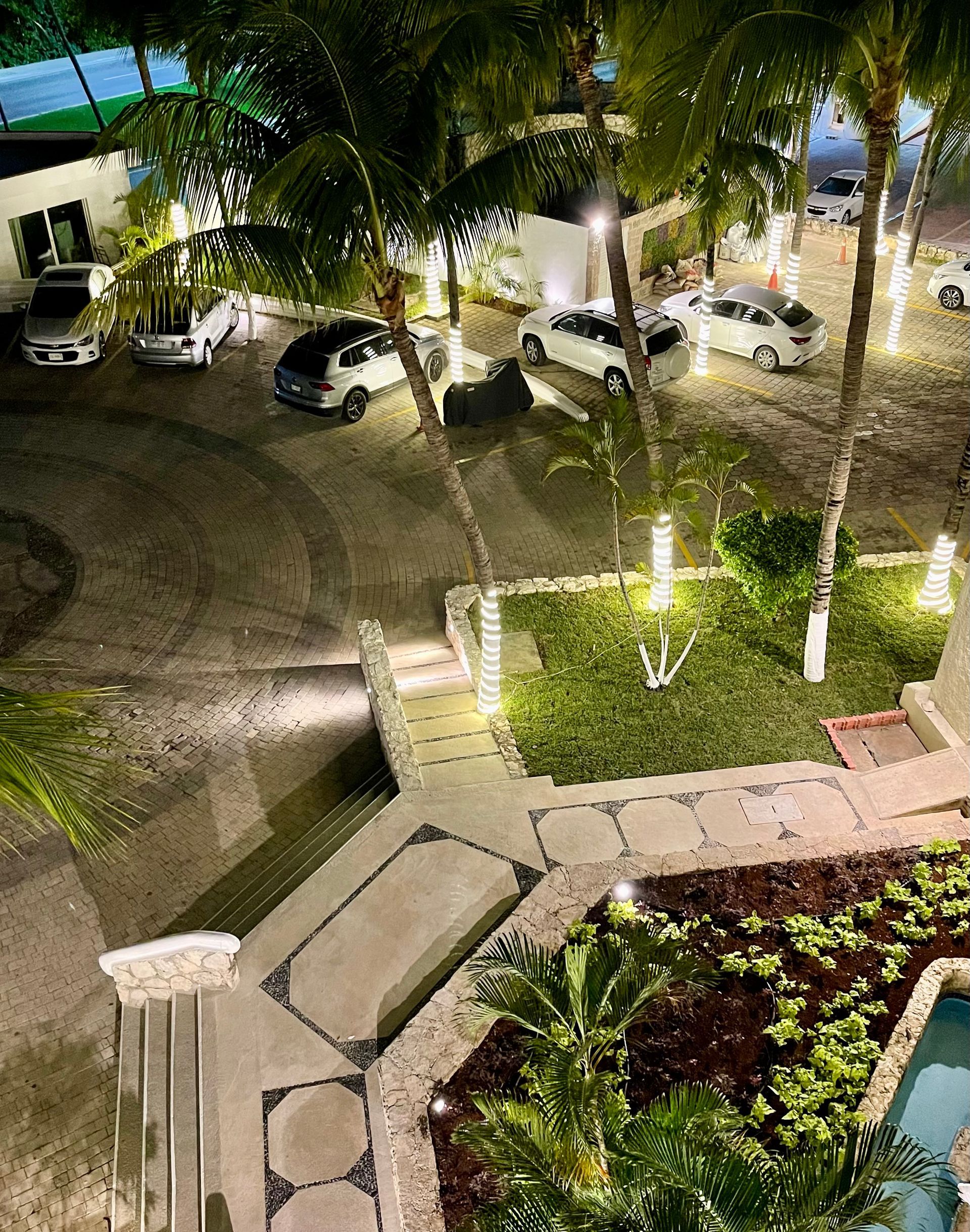 Vista nocturna de coches aparcados en una entrada iluminada con palmeras y un patio de piedra.